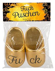 With gold colored slippers