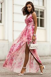 Ružové kvetované šifónové maxi šaty s rozparkom Dolores